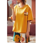 Lovely Leisure Cartoon Print Yellow Plus Size Two-