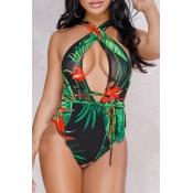 Lovely Print Black One-piece Swimsuit(With Cover-U