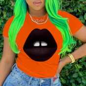 Lovely Leisure Lip Print Orange T-shirt
