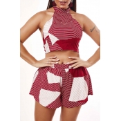 Lovely Bohemian Striped Red Two-piece Shorts Set