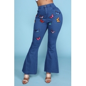 Lovely Trendy Butterfly Print Blue Jeans