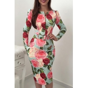 Lovely Stylish Floral Print Green Mid Calf Dress