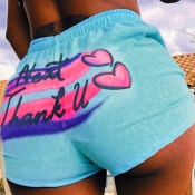 LW COTTON Casual Letter Print Blue Shorts