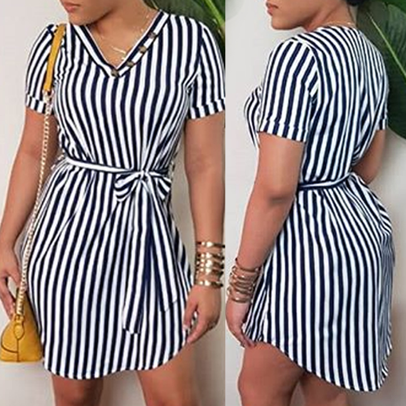 

Lovely Trendy V Neck Striped Mini Dress, Stripe