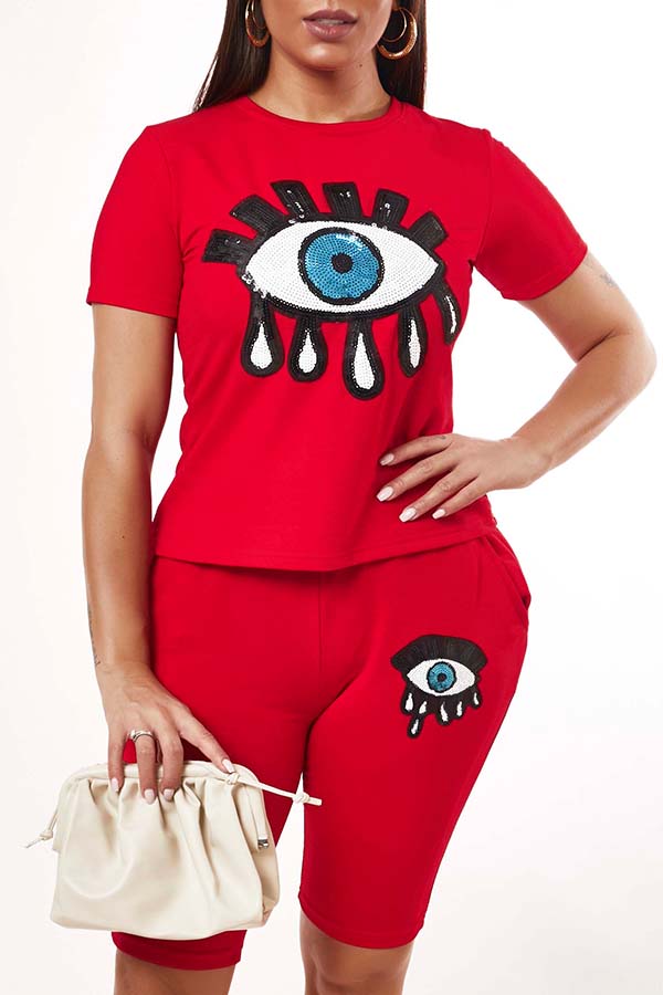 

Lovely Casual O Neck Eye Print Red Two-piece Shorts Set