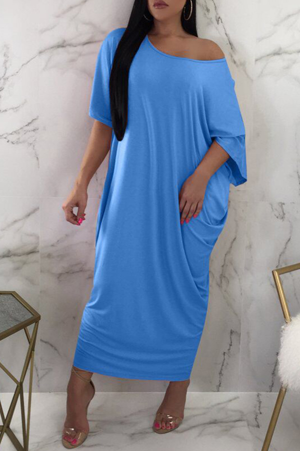 

Lovely Casual O Neck Basic Baby Blue Ankle Length Dress