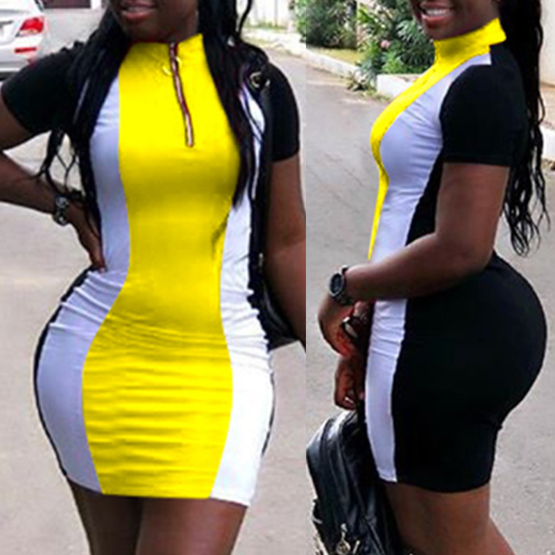 LW Casual Patchwork Yellow Mini Dress