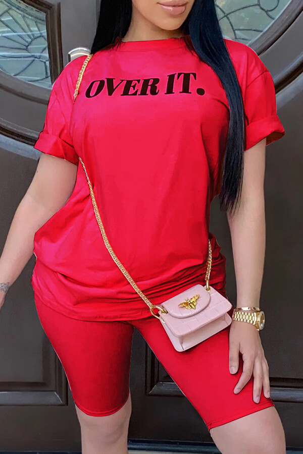 Lovely Casual Letter Print Red Two-piece Shorts Set