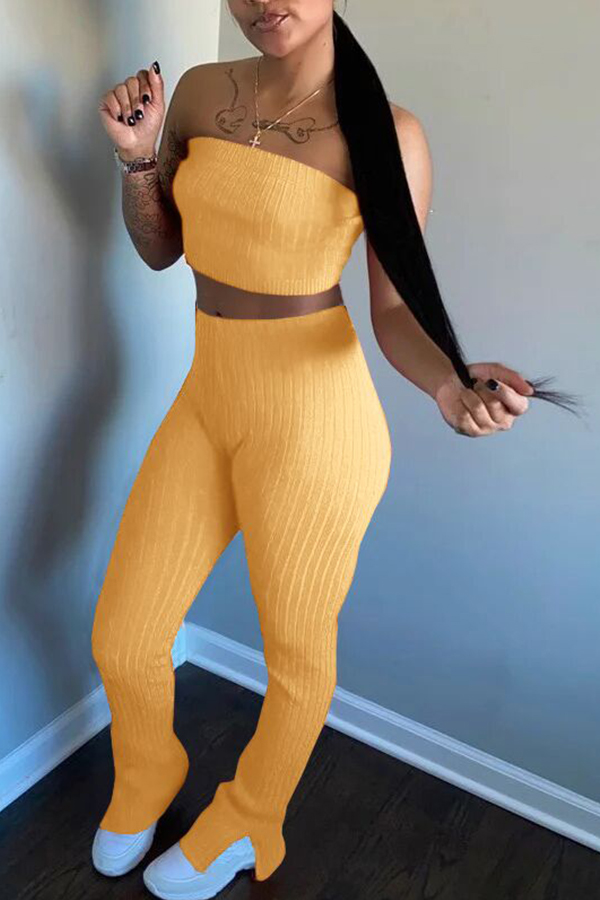 

Lovely Trendy Dew Shoulder Skinny Yellow Two-piece Pants Set