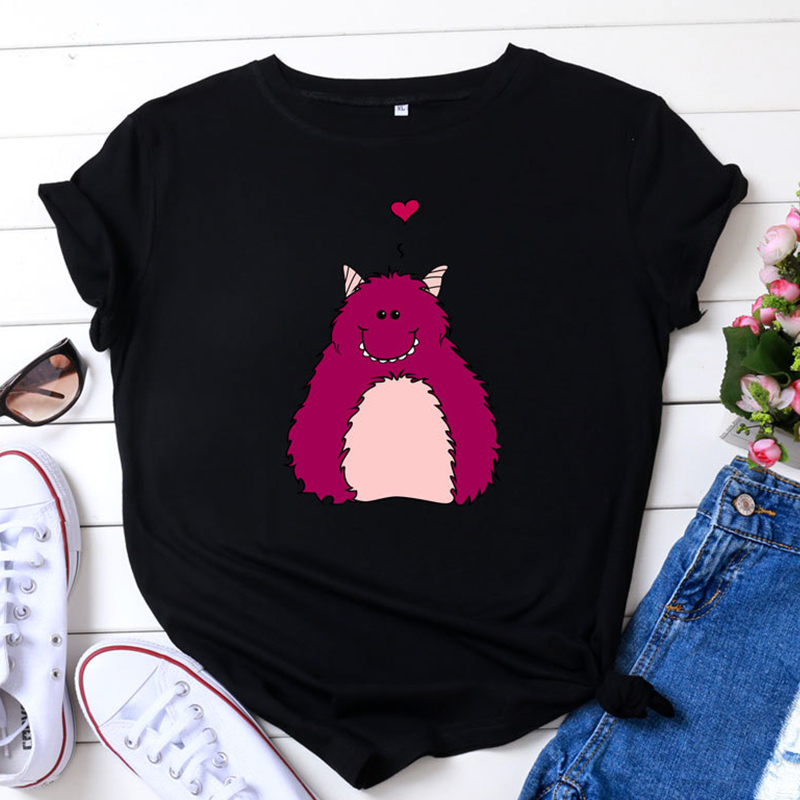 

Lovely Casual O Neck Cartoon Print Black Plus Size T-shirt