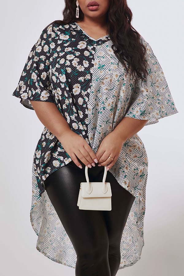 

Lovely Trendy V Neck Patchwork Black Plus Size Blouse