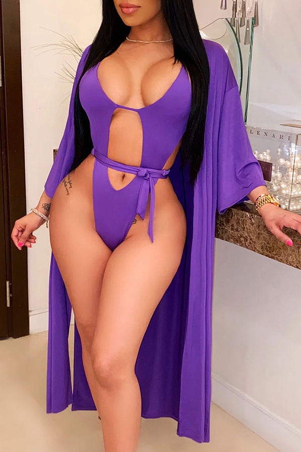 

Lovely Cut-Out Purple One-piece Swimsuit(With Cover-Up