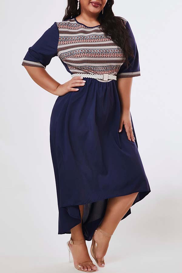 

Lovely Trendy O Neck Patchwork Deep Blue Ankle Length Plus Size Dress