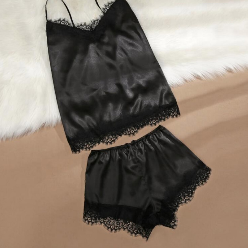 

Lovely Sexy Lace Hem Black Sleepwear