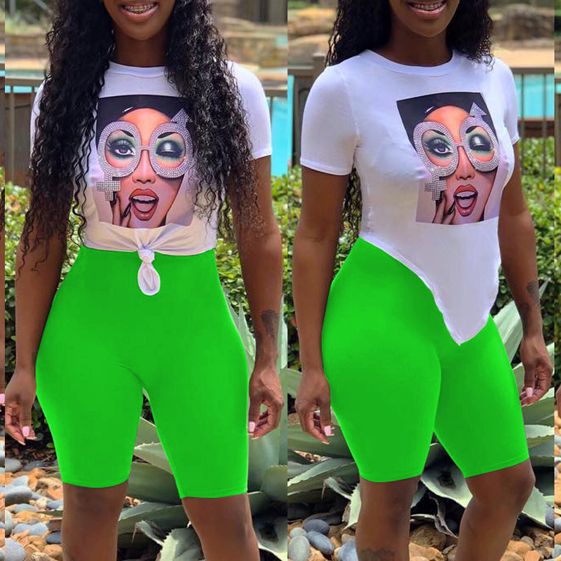 

Lovely Casual Cartoon Print Green Two-piece Shorts Set