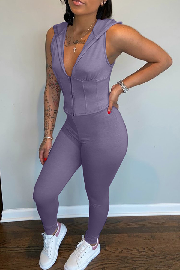 

Lovely Trendy Zipper Design Purple Two-piece Pants Set