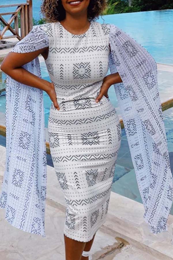 

Lovely Trendy O Neck Print White Mid Calf Dress