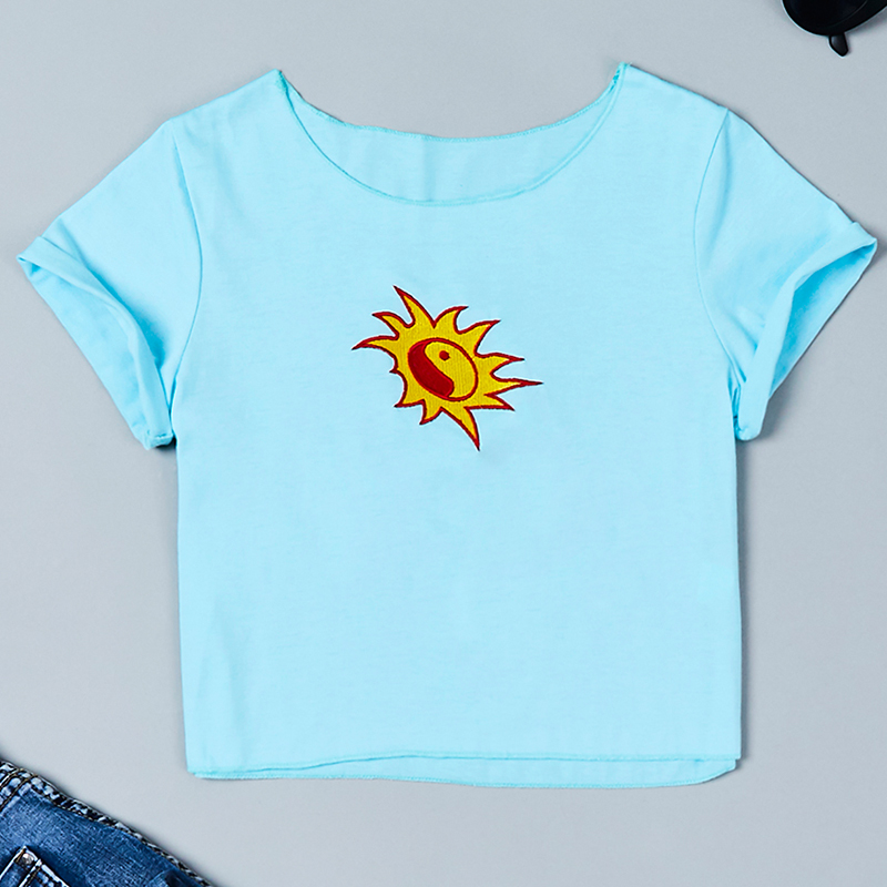 

Lovely Casual O Neck Embroidered Design Baby Blue T-shirt