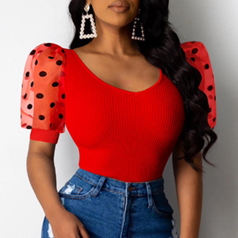

Lovely Sweet O Neck Patchwork Red T-shirt