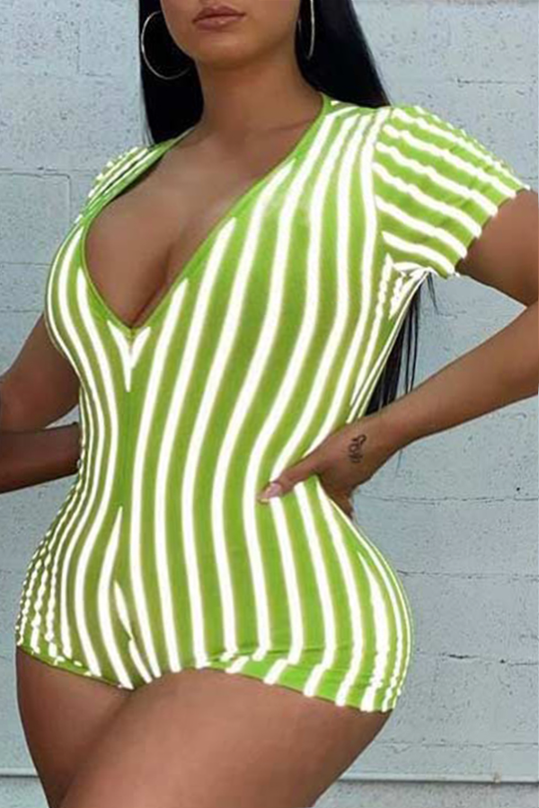 

Lovely Casual Striped Green Plus Size One-piece Romper