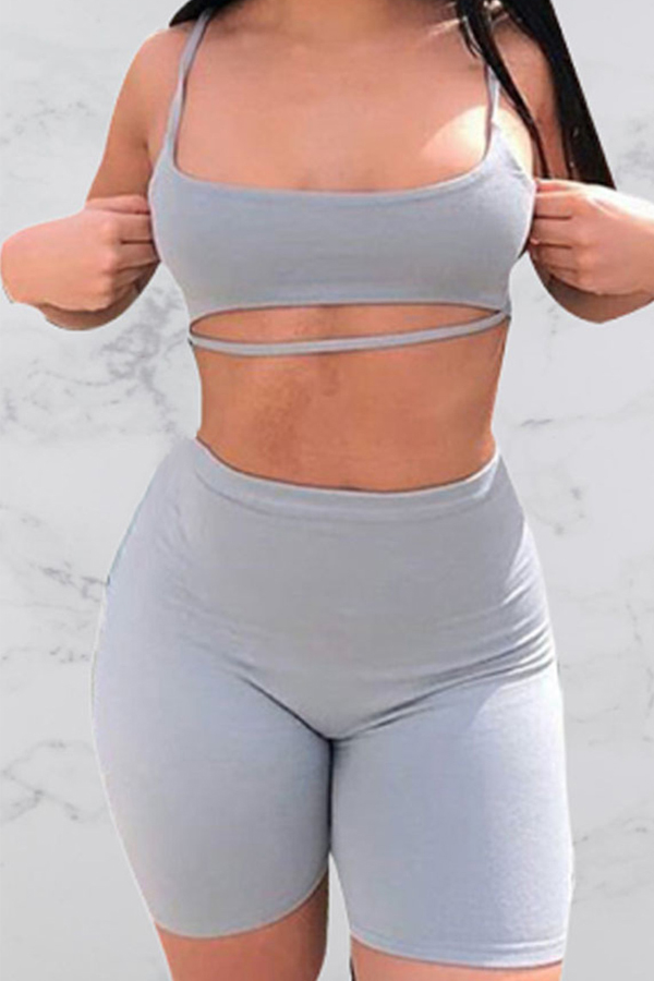 

Lovely Sportswear Hollow-out Grey Two-piece Shorts Set
