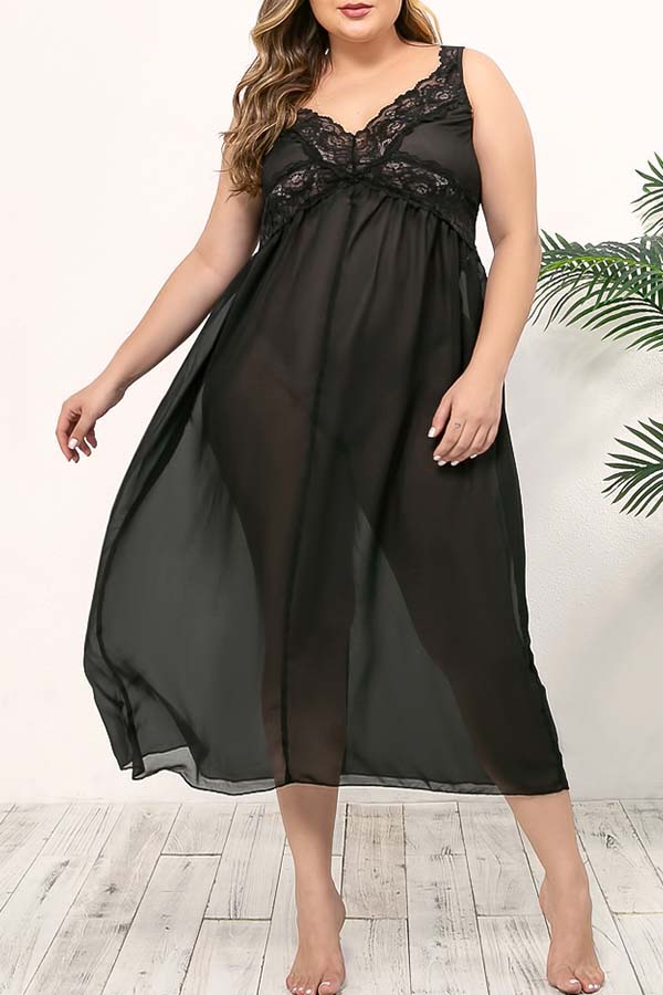 

Lovely Sexy Lace Patchwork Black Plus Size Sleepwear