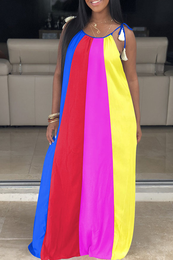 

Lovely Casual Rainbow Striped Blue Maxi Dress