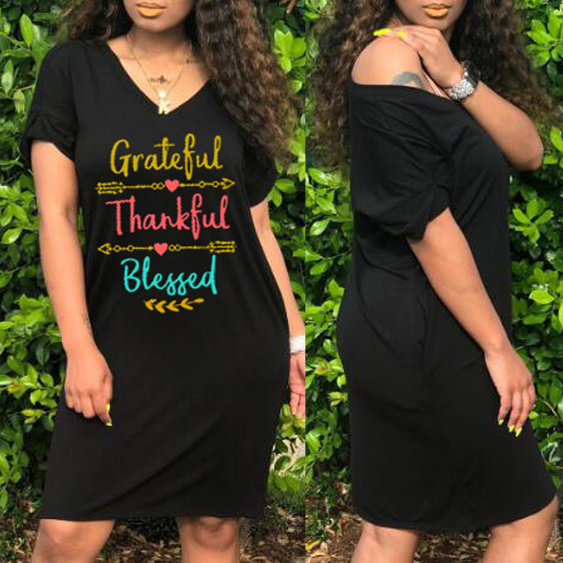 

Lovely Casual V Neck Letter Black Knee Length T-shirt Dress