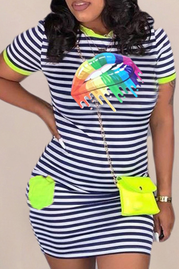 

Lovely Casual O Neck Striped Print Green Mini T-shirt Dress