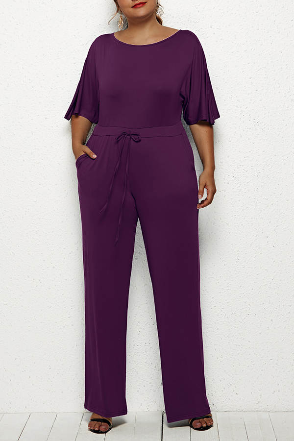 

Lovely Leisure Lace-up Purple Plus Size One-piece Jumpsuit