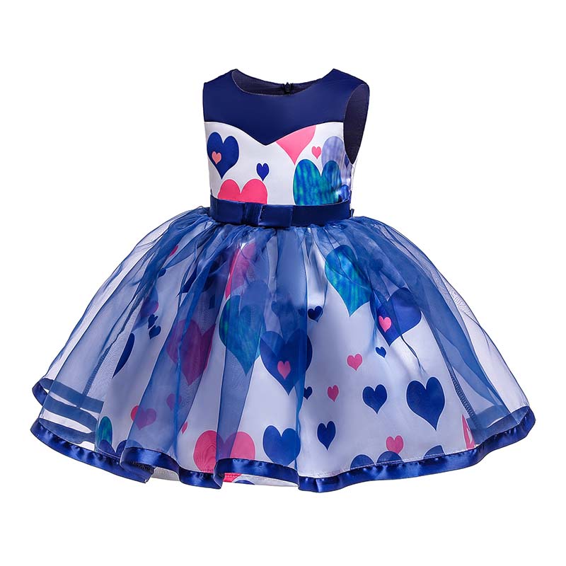 

Lovely Trendy O Neck Heart Print Blue Girl Knee Length Dress