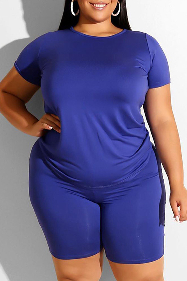 

Lovely Leisure Basic Blue Plus Size Two-piece Shorts Set