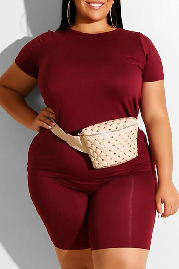 

Lovely Plus Size Leisure Basic Wine Red Two-piece Shorts Set