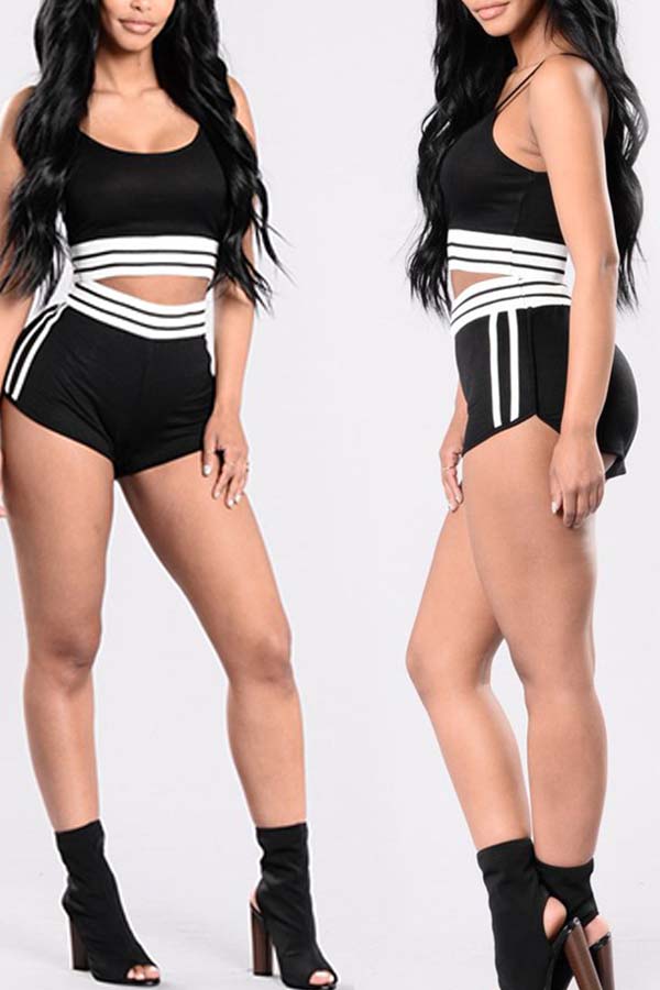 

Lovely Sportswear Patchwork Black Two-piece Shorts Set