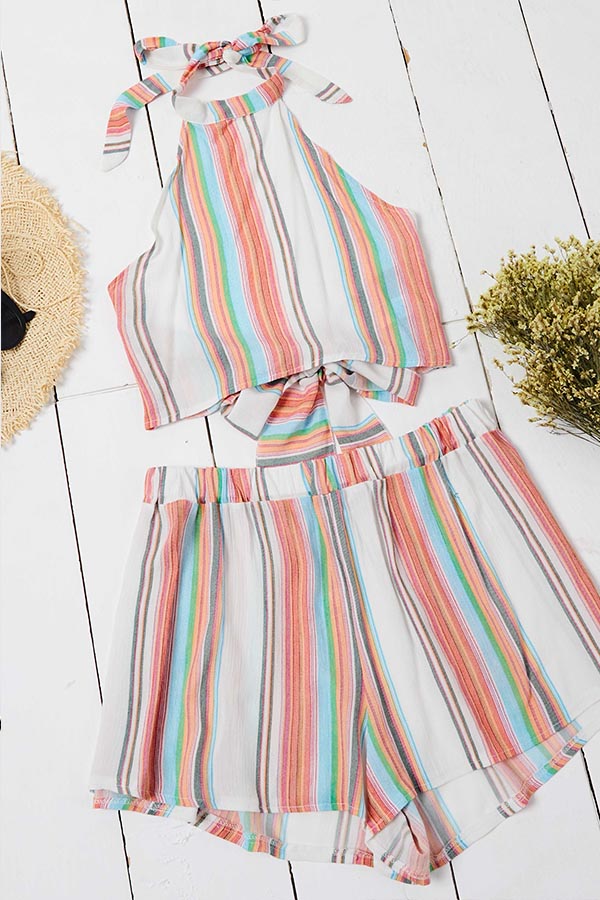 

Lovely Trendy Striped Lace-up Two-piece Shorts Set, Stripe