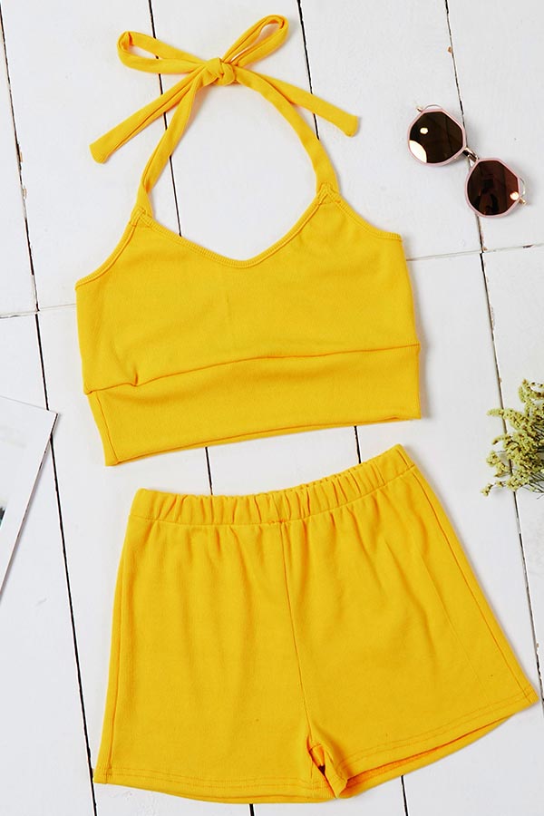 

Lovely Stylish Lace-up Yelllow Two-piece Shorts Set, Yellow