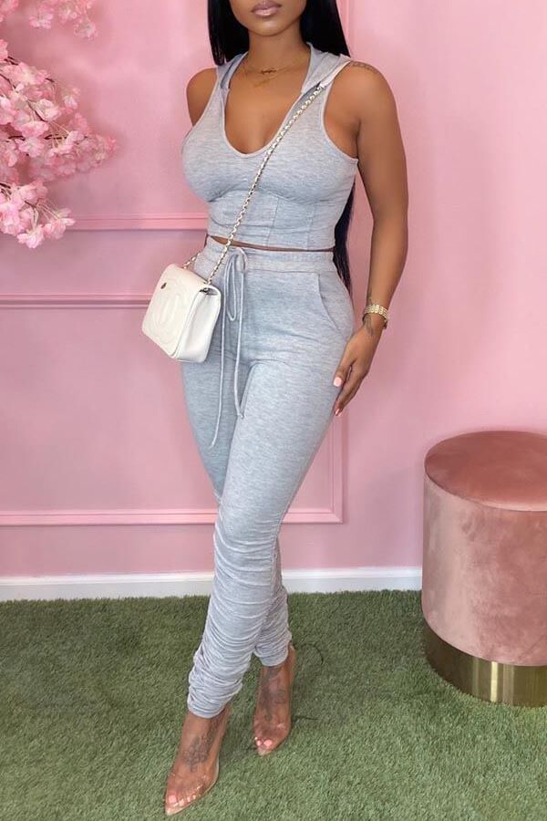 

Lovely Sportswear Lace-up Grey Two-piece Pants Set