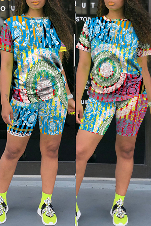 

Lovely Trendy Print Blue Two-piece Shorts Set