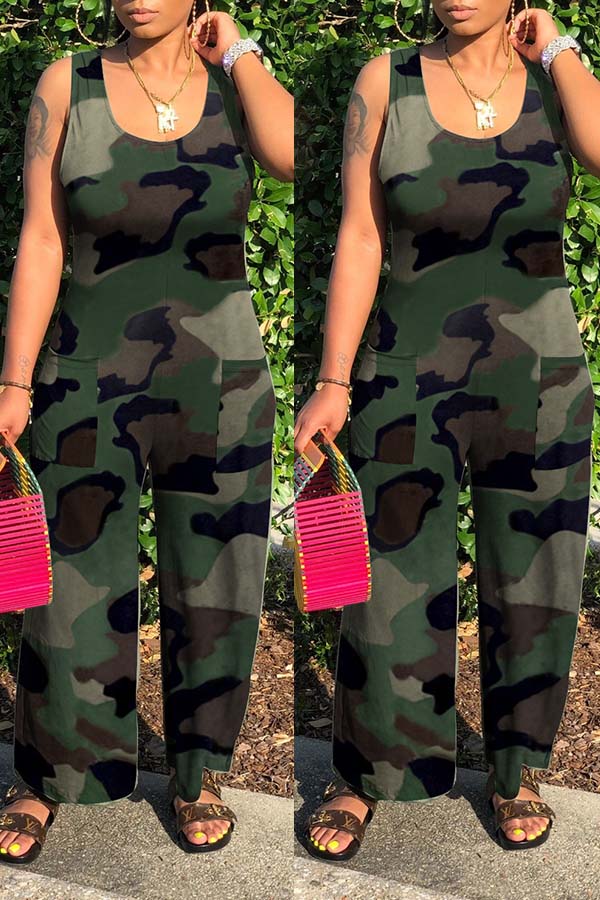 

Lovely Leisure Camo Print Army Green One-piece Jumpsuit, Army green camouflag