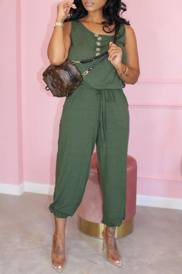 

Lovely Casual Buttons Design Green One-piece Jumpsuit