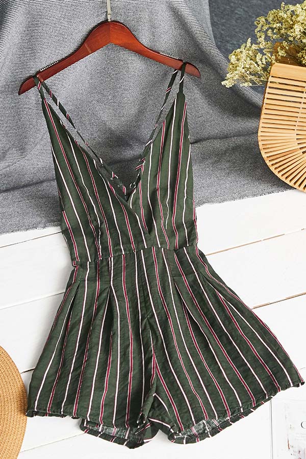 

Lovely Trendy Striped Blackish Green One-piece Romper, Black green