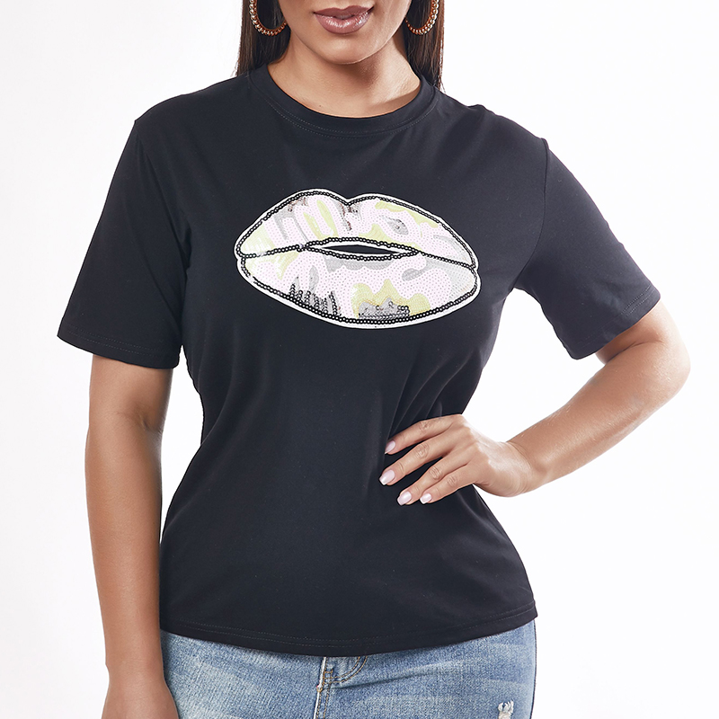 

Lovely Casual O Neck Lip Black T-shirt