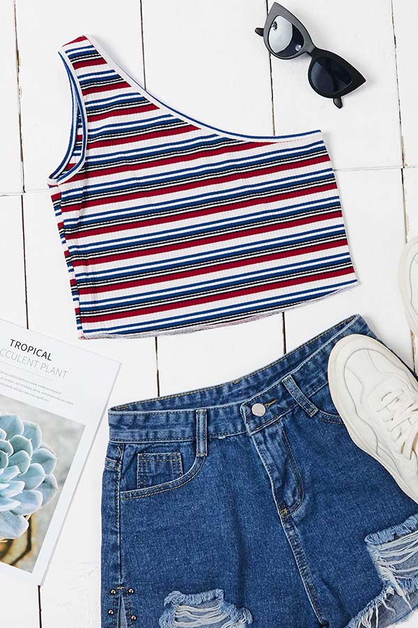 

Lovely Trendy One Shoulder Striped Camisole, Stripe