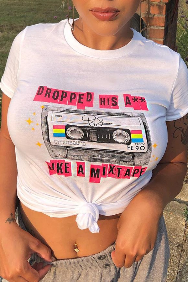 

Lovely Casual O Neck Print White T-shirt