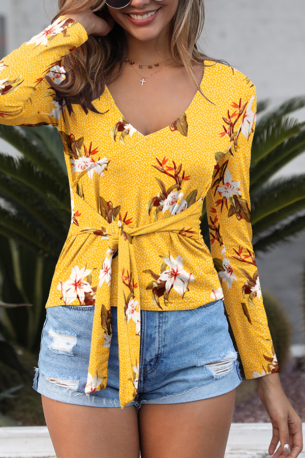 

Lovely Trendy V Neck Print Yellow Blouse