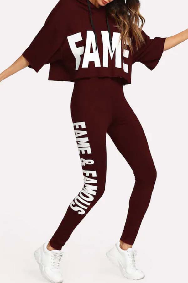 

Lovely Sportswear Letter Print Wine Red Loungewear