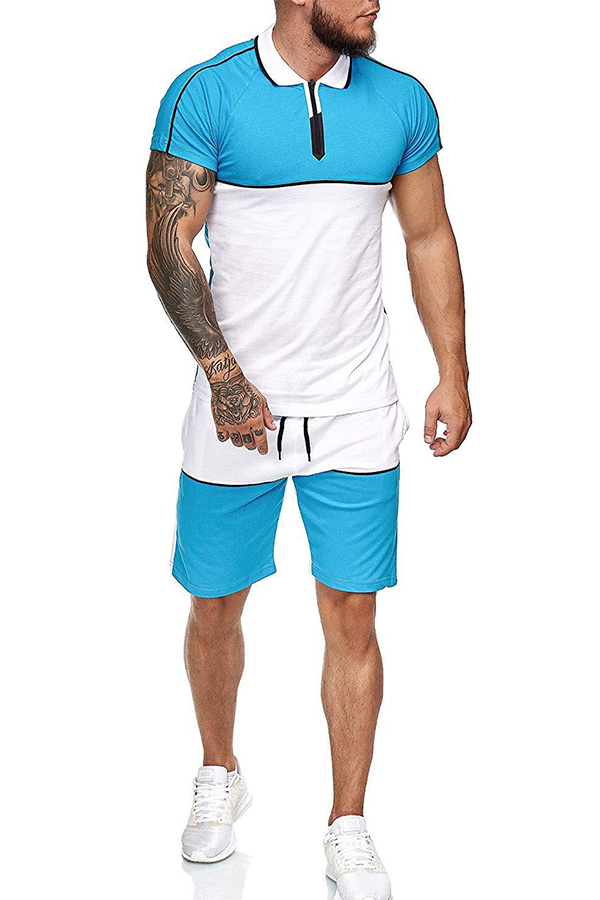 

Lovely Casual Patchwork Baby Blue Two-piece Shorts Set
