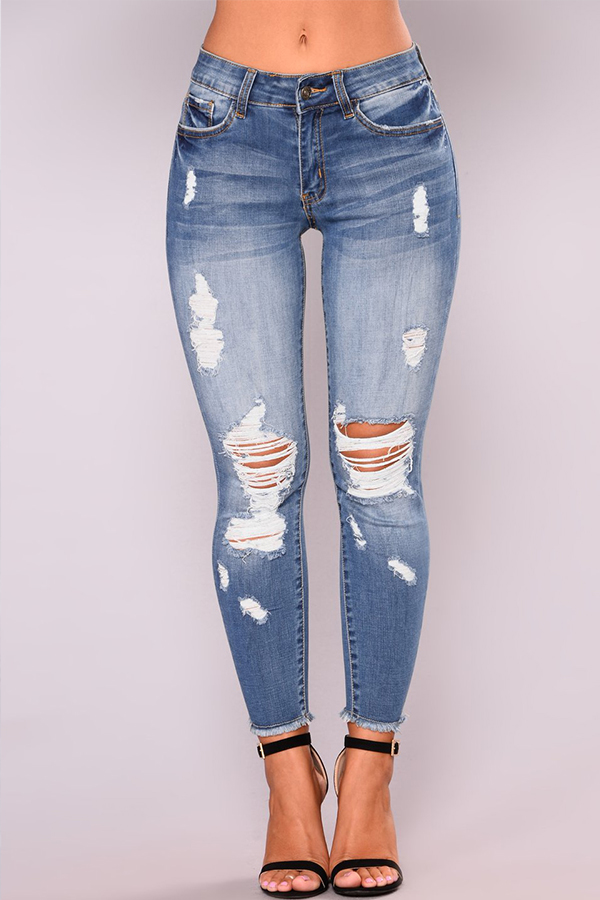 

Lovely Trendy Broken Holes Baby Blue Jeans