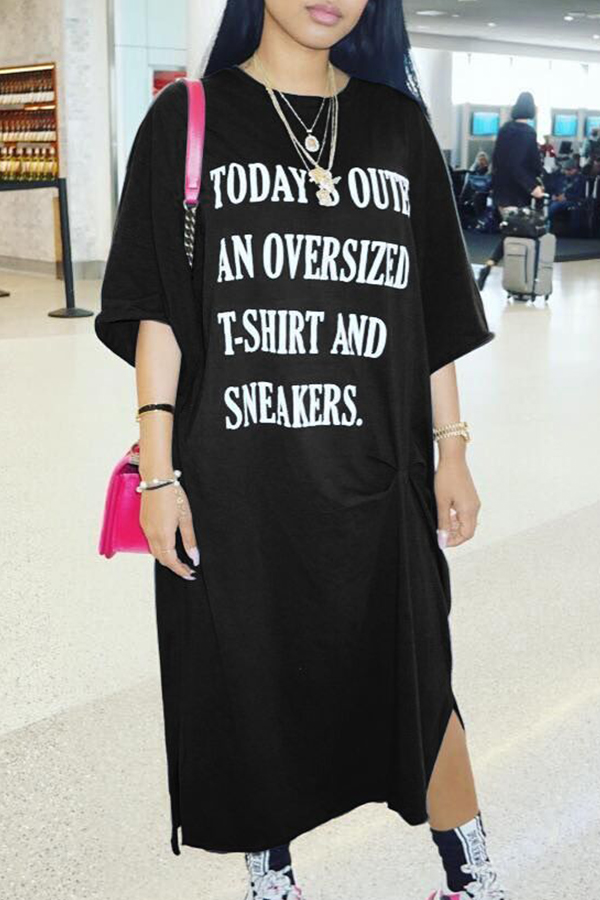 

LW Casual Letter Print Black Mid Calf Dress