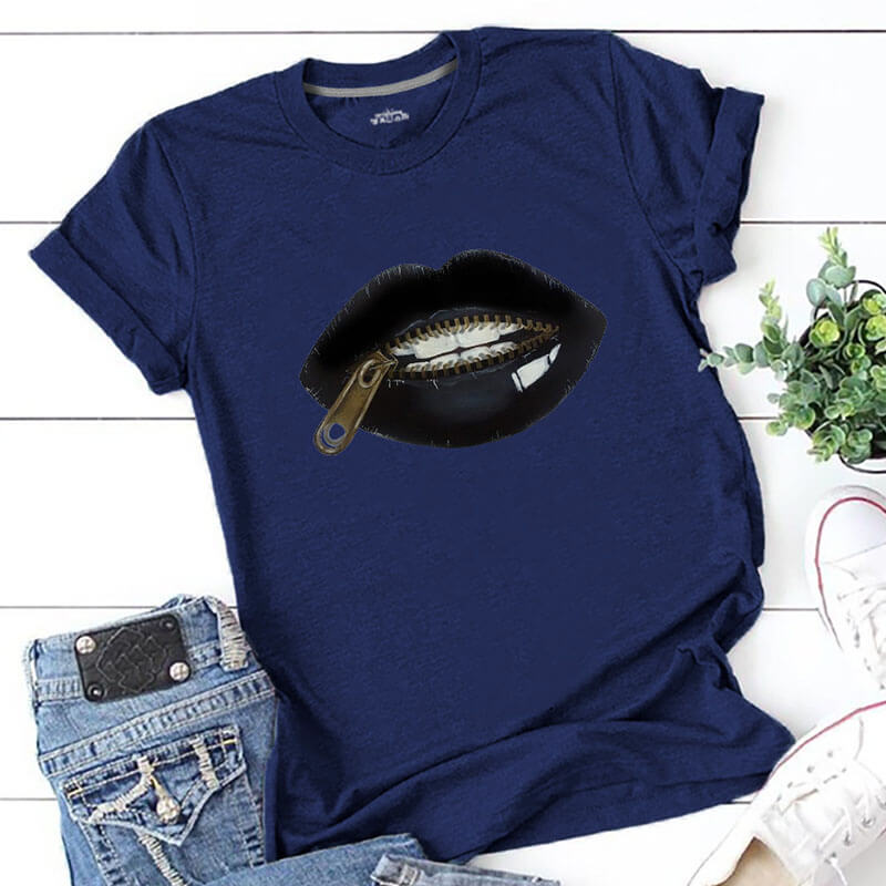 

Lovely Plus Size Casual Lip Print Navy Blue T-shirt